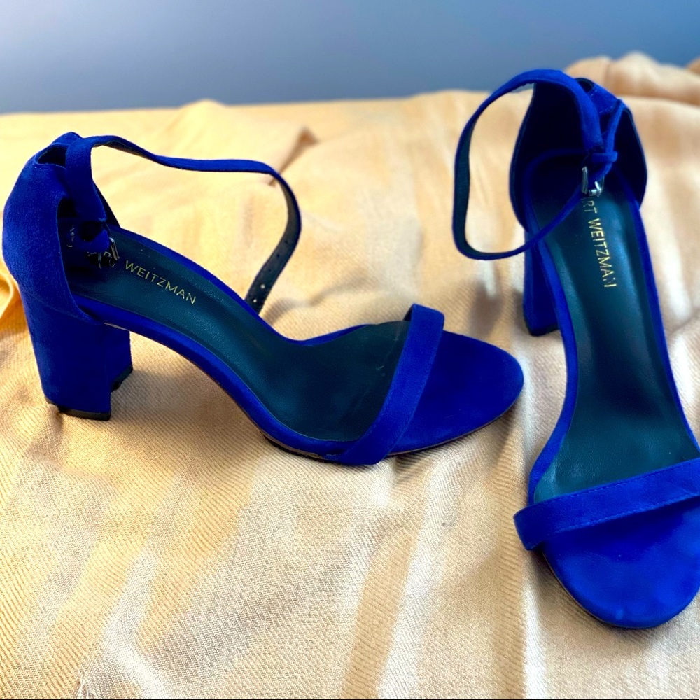 Stuart Weitzman NEARLYNUDE STRAP SANDAL in blue suede with block heel